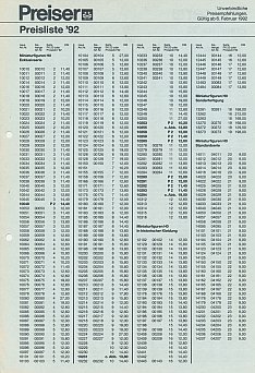 Preisliste  1992