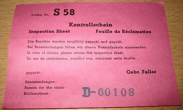 S 58 Kontrollzettel des Bausatzes