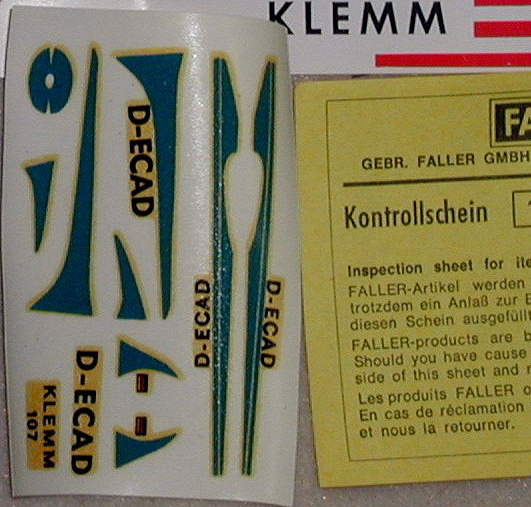 Klemm Kl 107 60er Decals und Kontrollzettel