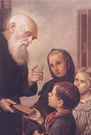 Der hl. Bruder Konrad verteilt Brot an Kinder